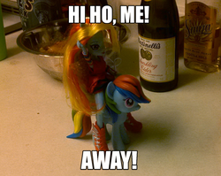 Size: 1000x797 | Tagged: safe, rainbow dash, human, equestria girls, g4, doll, funko, human ponidox, humans riding ponies, image macro, irl, meme, photo, riding, self riding, the lone ranger, toy