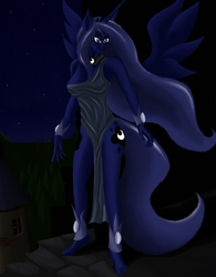 Size: 1698x2176 | Tagged: safe, artist:goldwing93, princess luna, anthro, plantigrade anthro, g4, anklet, barefoot, breasts, clothes, dress, feet, female, smiling, solo, spread wings