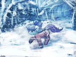 Size: 960x720 | Tagged: dead source, safe, artist:lumineko, suri polomare, earth pony, pony, g4, 30 minute art challenge, clothes, female, raised hoof, scarf, snow, snowfall, solo, sweater