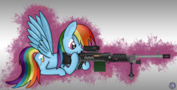 Size: 3000x1527 | Tagged: safe, artist:misterjuly, rainbow dash, g4, female, fn mag, gun, m240b, machine gun, solo, wallpaper