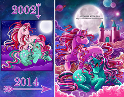 Size: 1013x800 | Tagged: safe, artist:anniemsson, fizzy, galaxy (g1), twinkle eyed pony, unicorn, g1, 2002, 2014, castle, cloud, cloudy, comparison, draw this again, dream castle, duo, duo female, female, fireworks, horn, lying down, moon, night, night sky, obtrusive watermark, planet, prone, raised hoof, sky, space, standing, turned head, underhoof, watermark