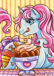 Size: 370x517 | Tagged: safe, artist:anniemsson, coco berry, pony, unicorn, g1, aceo, bow, female, food, horn, licking, licking lips, mare, offscreen character, solo, sundae, tail, tail bow, tongue out