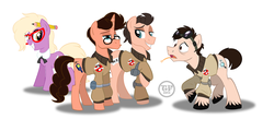 Size: 1280x560 | Tagged: safe, artist:animatedvisions, grace manewitz, earth pony, pony, unicorn, g4, egon spengler, ghostbusters, glasses, janine melnitz, pencil, peter venkman, pke meter, ponified, raymond stantz