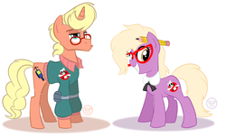 Size: 1280x782 | Tagged: safe, artist:animatedvisions, grace manewitz, earth pony, pony, unicorn, g4, egon spengler, ghostbusters, glasses, janine melnitz, pencil, pke meter, ponified, the real ghostbusters