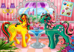 Size: 1050x742 | Tagged: safe, artist:anniemsson, fizzy, tic tac toe (g1), earth pony, twinkle eyed pony, unicorn, g1, banana split, blushing, bow, cafe, castle, crepe, cupcake, cute, dream castle, duo, duo female, female, fizzybetes, flower, food, horn, ice cream, laughing, mare, obtrusive watermark, open mouth, open smile, plant, popsicle, rainbow, smiling, standing, table, tail, tail bow, tic tac taww, watermark, window