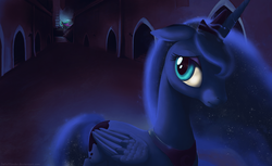 Size: 2400x1473 | Tagged: safe, artist:helixwonder, princess celestia, princess luna, g4, dark, floppy ears, frown, hallway, looking back, sad