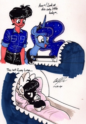 Size: 1135x1631 | Tagged: safe, artist:newyorkx3, princess luna, oc, oc:tommy junior, human, g4, baby, bonnet, colt, father, female, foal, male, mare, pacifier, simple background, son, stroller, traditional art, unamused