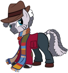 Size: 2294x2486 | Tagged: safe, artist:cloudy glow, zecora, zebra, g4, alternate clothes, alternate hairstyle, clothes, cravat, doctor who, ear piercing, earring, fedora, female, fourth doctor, hat, high res, jewelry, pants, piercing, quadrupedal, safari jacket, scarf, simple background