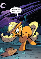 Size: 587x839 | Tagged: safe, artist:andy price, idw, official comic, applejack, earth pony, pony, g4, spoiler:comic, spoiler:comic25, angry, applejack's hat, cropped, earth pony safe, female, g rated profanity, hat, mare, meadow muffins, minced oath, speech bubble, swearing