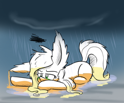 Size: 900x750 | Tagged: safe, artist:heir-of-rick, applejack, daily apple pony, g4, blank flank, color loss, female, impossibly large ears, loose hair, rain, solo