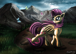 Size: 3500x2500 | Tagged: safe, artist:calebp1716, fluttershy, butterfly, g4, dirt road, female, grass, high res, mountain, scenery, solo