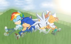 Size: 840x525 | Tagged: dead source, safe, artist:atomiclance, rainbow dash, anthro, plantigrade anthro, g4, crossover, male, miles "tails" prower, silver the hedgehog, sonic the hedgehog, sonic the hedgehog (series), sonicified, style emulation