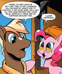 Size: 735x876 | Tagged: safe, artist:andy price, idw, official comic, pinkie pie, sheriff tumbleweed, earth pony, pony, g4, spoiler:comic, spoiler:comic25, chilli, coat markings, cropped, eating, facial markings, female, fire, flame eyes, food, male, mare, pepper, red peppers, speech bubble, stallion, star (coat marking), wingding eyes