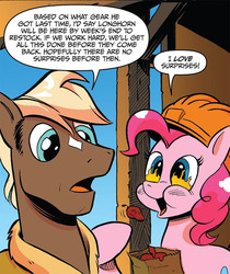 Size: 735x876 | Tagged: safe, artist:andy price, idw, official comic, pinkie pie, sheriff tumbleweed, earth pony, pony, friendship is magic #25, g4, spoiler:comic, chilli, coat markings, cropped, eating, facial markings, female, fire, flame eyes, food, male, mare, pepper, red peppers, speech bubble, stallion, star (coat marking), wingding eyes