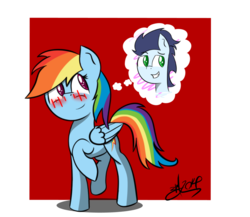 Size: 1024x887 | Tagged: safe, artist:macdaddyzak, rainbow dash, soarin', g4, blushing, female, male, ship:soarindash, shipping, straight, thought bubble