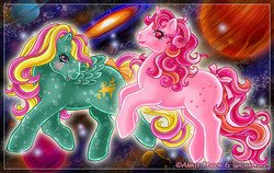 Size: 836x530 | Tagged: safe, artist:anniemsson, galaxy (g1), starglow, earth pony, pegasus, pony, twinkle eyed pony, unicorn, g1, my little pony tales, 2006, bow, duo, duo female, female, galaxy, horn, mare, open mouth, open smile, planet, smiling, space, tail, tail bow