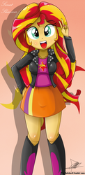 Size: 645x1321 | Tagged: safe, artist:the-butch-x, part of a set, sunset shimmer, equestria girls, g4, my little pony equestria girls: rainbow rocks, arms, beautiful, beautiful x, blushing, boots, breasts, bust, clothes, cute, cutie mark, cutie mark on equestria girl, explicit source, female, fingers, fingers together, hand, hand on hip, jacket, leather, leather jacket, legs, long hair, long sleeves, peace sign, shimmerbetes, shoes, skirt, solo, standing, teenager, top