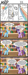 Size: 800x2153 | Tagged: safe, artist:umneem, rainbow dash, twilight sparkle, oc, oc:dispersion, alicorn, pegasus, pony, unicorn, comic:my rational pony, g4, 4koma, book, bookshelf, comic, female, golden oaks library, library, mare, recursion, twilight sparkle (alicorn)