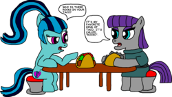 Size: 1683x953 | Tagged: safe, artist:blackrhinoranger, maud pie, sonata dusk, earth pony, pony, g4, bonding, chair, curious, friendshipping, ponytail, pun, rock, sonataco, table, taco, that girl sure loves tacos, that pony sure does love rocks, that pony sure does love tacos, that siren sure does love tacos