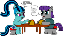 Size: 1683x953 | Tagged: safe, artist:blackrhinoranger, maud pie, sonata dusk, earth pony, pony, g4, bonding, chair, curious, earth pony sonata dusk, equestria girls ponified, friendshipping, ponified, ponytail, pun, rock, sonataco, table, taco, that girl sure loves tacos, that pony sure does love rocks, that pony sure does love tacos, that siren sure does love tacos