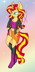 Size: 1640x3340 | Tagged: safe, artist:pvrii, sunset shimmer, unicorn, anthro, g4, belly button, cleavage, clothes, equestria girls outfit, female, midriff, skirt, solo