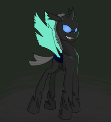 Size: 1458x1600 | Tagged: safe, artist:banesbloom, changeling, eyes open, fangs, full body, green background, grin, sharp teeth, simple background, smiling, solo, spread wings, standing, teeth, three quarter view, wings