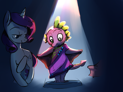 Size: 1280x960 | Tagged: safe, artist:imsokyo, rarity, spike, dragon, pony, unicorn, daily life of spike, g4, clothes, crossdressing, dress, female, male, mare, raised hoof, sari, spotlight, tumblr