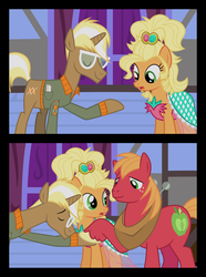 Size: 4000x5385 | Tagged: safe, artist:jeatz-axl, edit, applejack, big macintosh, trenderhoof, earth pony, pony, g4, simple ways, applejewel, eyes closed, gay, male, open mouth, scene parody, shipping, smiling, stallion, surprised, trendermac, what a twist