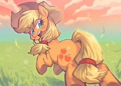Size: 1122x800 | Tagged: dead source, safe, artist:jirousan, applejack, earth pony, pony, g4, female, freckles, hat, mare, open mouth, pixiv, solo