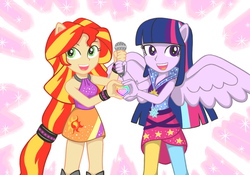 Size: 1000x700 | Tagged: safe, artist:a01, sunset shimmer, twilight sparkle, equestria girls, g4, my little pony equestria girls: rainbow rocks, clothes, duo, duo female, female, heart hands, pixiv, ponied up, skirt, sleeveless, spread wings, twilight sparkle (alicorn), wings