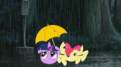 Size: 625x345 | Tagged: safe, apple bloom, twilight sparkle, crab pony, g4, blushing, meme, my neighbor totoro, twiman, umbrella, wat