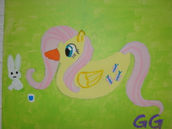 Size: 3264x2448 | Tagged: safe, artist:galaxygoddess, angel bunny, fluttershy, duck, rabbit, g4, canvas, duo, female, flutterduck, high res, paint, species swap, traditional art