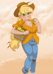 Size: 611x850 | Tagged: safe, artist:foolyguy, applejack, human, g4, apple, bucket, female, freckles, humanized, solo