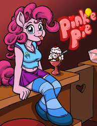 Size: 1275x1650 | Tagged: safe, artist:latecustomer, pinkie pie, earth pony, anthro, g4, :p, belly button, breasts, cleavage, clothes, cute, diapinkes, female, midriff, short shirt, silly, skirt, socks, solo, striped socks, tongue out