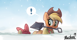 Size: 2635x1392 | Tagged: safe, artist:psychoon, apple bloom, applejack, earth pony, pony, g4, adorabloom, bow, cute, exclamation point, female, filly, hair bow, hat, jackabetes, looking back, mare, mouth hold, shovel, sisters, snow, snow shovel, snowfall, wallpaper, wide eyes