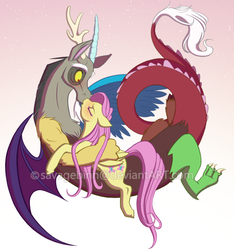 Size: 600x642 | Tagged: safe, artist:savagebinn, discord, fluttershy, draconequus, pegasus, pony, g4, blushing, female, interspecies, kissing, male, mare, obtrusive watermark, ship:discoshy, shipping, straight, surprised, watermark