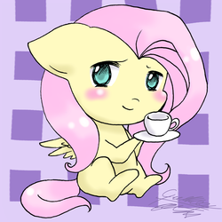 Size: 1024x1024 | Tagged: safe, artist:midnameowfries, fluttershy, g4, chibi, cup, female, floppy ears, sitting, smiling, solo