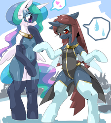 Size: 900x1000 | Tagged: safe, artist:oze, princess celestia, oc, oc:red leaf, changeling, semi-anthro, g4, arm hooves, belly button, bipedal, blushing, breasts, clothes, costume, female, gloves, hoof gloves, leotard, mask, red changeling, superhero, superhero celestia, thigh highs
