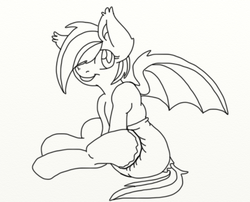 Size: 844x682 | Tagged: artist needed, safe, oc, oc only, oc:shanti, bat pony, pony, adult foal, diaper, monochrome, non-baby in diaper, poofy diaper, solo