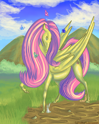 Size: 800x1000 | Tagged: safe, artist:caliconorth, fluttershy, butterfly, rabbit, squirrel, g4, female, solo