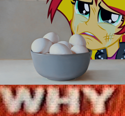 Size: 772x719 | Tagged: safe, sunset shimmer, equestria girls, g4, my little pony equestria girls, 4chan, bowl, crying, egg, egg (food), expand dong, exploitable meme, food, meme, sunsad shimmer, wat, why.jpg, you have to eat all the eggs