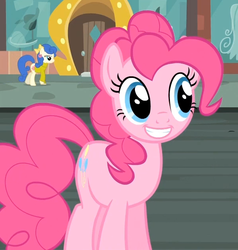 Size: 598x629 | Tagged: safe, screencap, blueberry curls, pinkie pie, earth pony, pony, g4, rarity takes manehattan, background pony, cropped, female, manehattan, mare, saddle row, smiling, solo focus