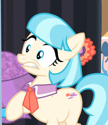 Size: 903x1045 | Tagged: safe, screencap, coco pommel, earth pony, pony, g4, rarity takes manehattan, cropped, female, mare, scared, solo, startled