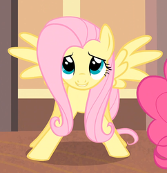 Size: 831x857 | Tagged: safe, screencap, fluttershy, pinkie pie, pegasus, pony, g4, rarity takes manehattan, season 4, cropped, female, grin, mare, offscreen character, pink tail, smiling, solo focus