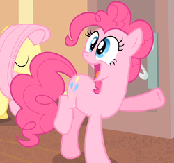 Size: 1035x971 | Tagged: safe, screencap, fluttershy, pinkie pie, earth pony, pony, g4, rarity takes manehattan, season 4, crazy smile, cropped, female, mare, offscreen character, open mouth, open smile, smiling, solo focus