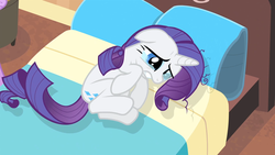 Size: 1920x1080 | Tagged: safe, screencap, rarity, pony, g4, rarity takes manehattan, bed, crying, female, fetal position, sad, solo, squiggletail