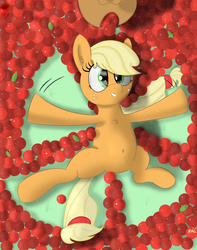 Size: 3239x4107 | Tagged: safe, artist:comradefluffski, applejack, pony, g4, apple, belly button, chest fluff, cute, female, hatless, jackabetes, lying, missing accessory, on back, silly, silly pony, smiling, snow angel, solo, that pony sure does love apples, who's a silly pony