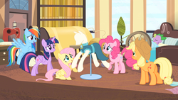 Size: 1920x1080 | Tagged: safe, screencap, applejack, fluttershy, pinkie pie, rainbow dash, spike, twilight sparkle, alicorn, pony, g4, rarity takes manehattan, bed, female, mare, sleeping, tired, twilight sparkle (alicorn)