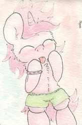 Size: 684x1048 | Tagged: safe, artist:slightlyshade, ruby pinch, pony, g4, bipedal, chest fluff, clothes, eyes closed, female, filly, shorts, solo, tongue out, traditional art
