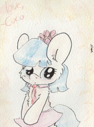Size: 560x757 | Tagged: safe, artist:slightlyshade, coco pommel, pony, g4, bipedal, bow, clothes, cocobetes, cute, female, necktie, skirt, solo, traditional art